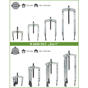 KUKKO ZESTAW UNIWERSALNYCH ŚCIĄGACZY 2- I 3-RAMIENNYCH ZE SMUKŁYMI RAMIONAMI 120-130X100-350 MM SERIA K-2030-10-S KOD: K-2030-10-S - 2