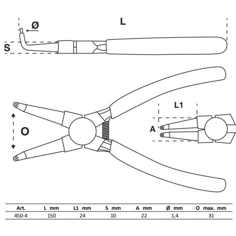 Szczypce do pierścieni rozprężnych BGS | zagięte | do wewnętrznych pierścieni rozprężnych | 150 mm - 2