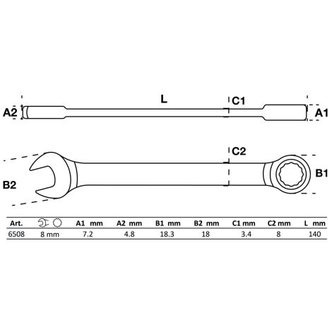 Klucz płasko-oczkowy z grzechotką | 8 mm - 2