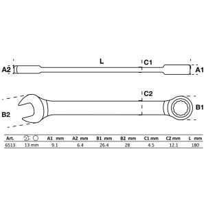 Klucz płasko-oczkowy z grzechotką BGS | 13 mm - 2