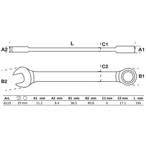 Klucz płasko-oczkowy z grzechotką BGS | 19 mm - 2