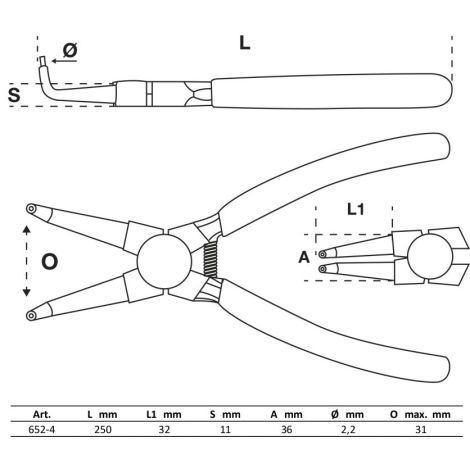 Szczypce do pierścieni rozprężnych BGS | zagięte | do wewnętrznych pierścieni rozprężnych | 250 mm - 2