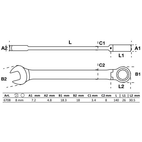 Klucz płasko-oczkowy z grzechotką | łamany | 8 mm - 2