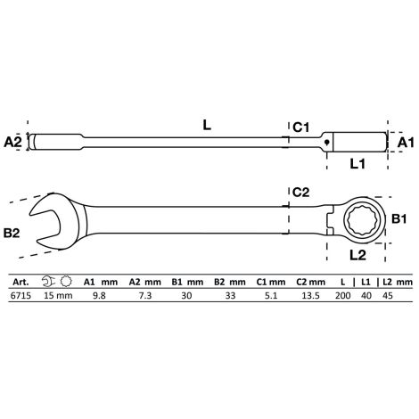 Klucz płasko-oczkowy z grzechotką | łamany | 15 mm - 2