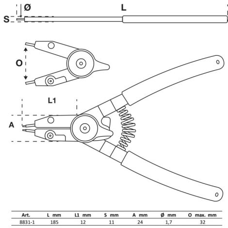 Szczypce do pierścieni rozprężnych BGS | do wewnętrznych/zewnętrznych pierścieni rozprężnych | wymienne końcówki | 180 mm - 2