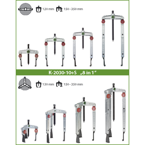 KUKKO ZESTAW UNIWERSALNYCH ŚCIĄGACZY 2/3-RAMIENNYCH Z BARDZO SMUKŁYMI, SZYBKO PRZESTAWNYMI RAMIONAMI 120-130X100-350 MM SERIA K-2030-10+S KOD: K-2030-10+S - 2