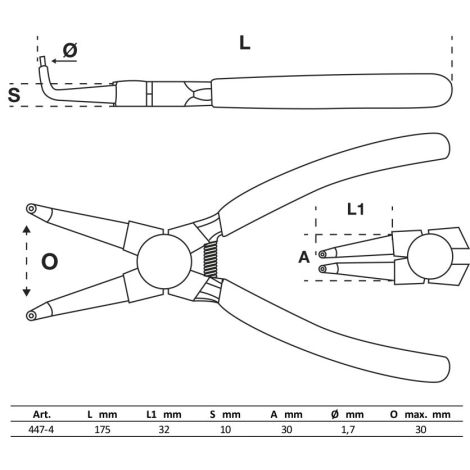 Szczypce do pierścieni rozprężnych BGS | zagięte | do wewnętrznych pierścieni rozprężnych | 175 mm - 2