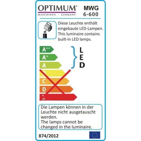 Lampa diodowa maszynowa / warsztatowa 6 x 2 W (230 V / 50 Hz) LED, z ramieniem o długości 600 mm, montaż za pomocą uchwytu na stopie -  MWG 6-600, Optimum, kod: 3351052 - 2