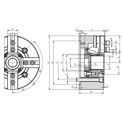 Uchwyt tokarski stalowy typ 2605-315-91K SGM z mocowaniem mechanicznym z przelotem 4-szczękowy wielkość kąta ząbków 60° Bison kod: 352605070500 - 2