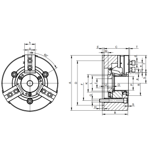 Uchwyt tokarski stalowy typ 2405-200-66K SGM z mocowaniem mechanicznym z przelotem 3-szczękowy wielkość kąta ząbków 60° Bison kod: 352405206800 - 2