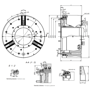 Uchwyt tokarski stalowy typ 2500-500-230 z mocowaniem mechanicznym zintegrowany z cylindrem pneumatycznym 3-szczękowy Bison kod: 352500080000 - 2