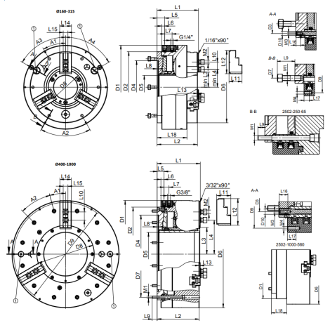 Uchwyt tokarski stalowy typ 2502-250-68 z mocowaniem mechanicznym zintegrowany z cylindrem pneumatycznym 3-szczękowy Bison kod: 352502032200 - 2