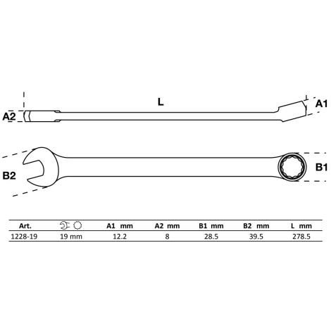 Klucz płasko-oczkowy | długi | 19 mm - 4