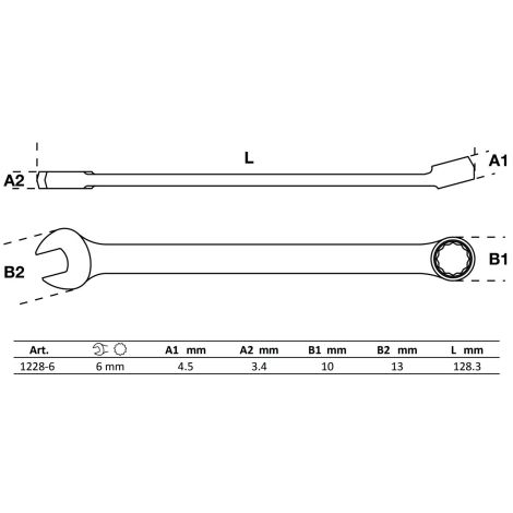 Klucz płasko-oczkowy | długi | 6 mm - 2