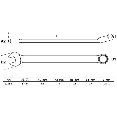 Klucz płasko-oczkowy | długi | 8 mm - 2